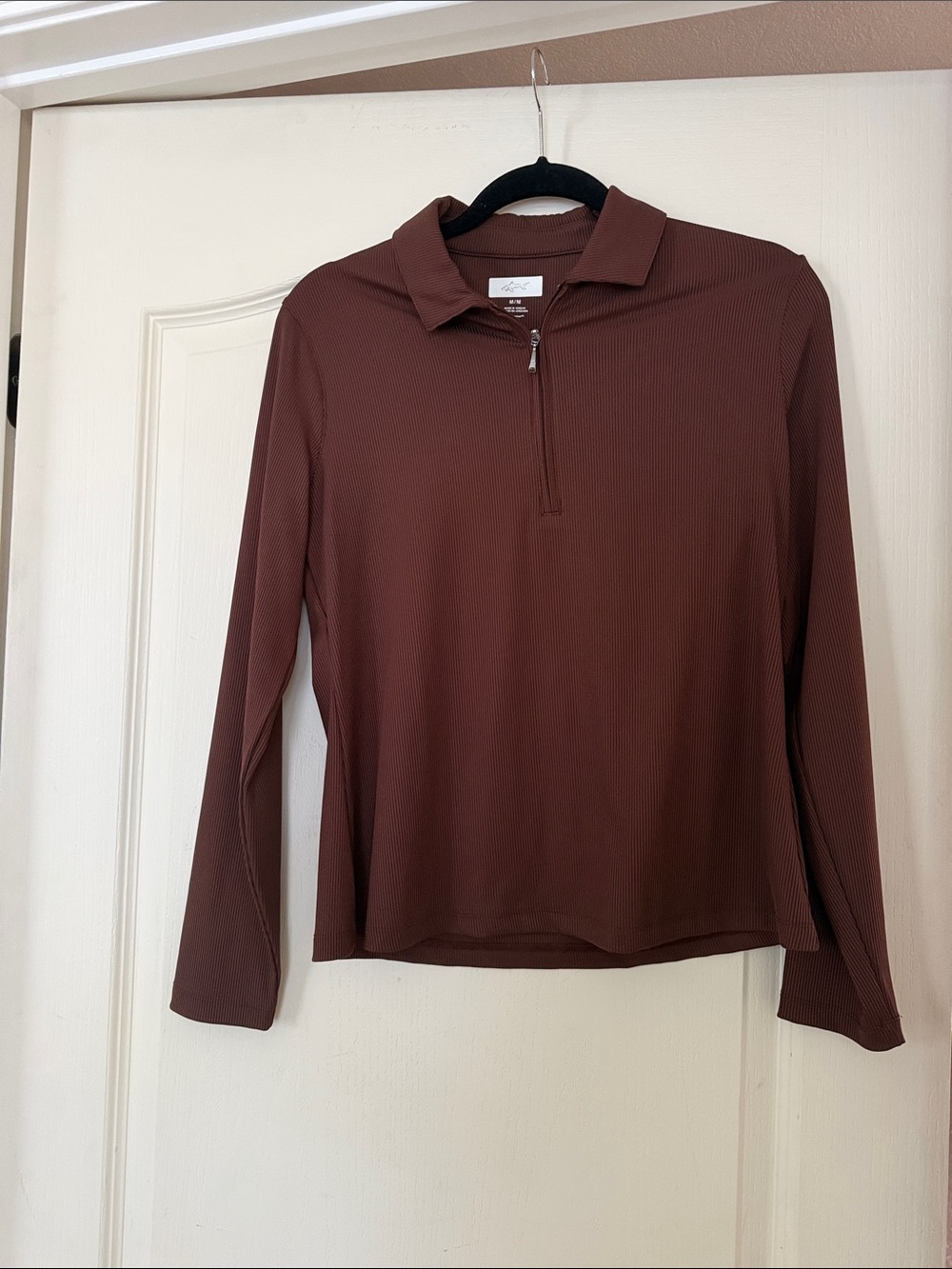 Greg Norman Collection Slim Ribbed Long-Sleeve Polo Zip Top - Chocolate Brown
